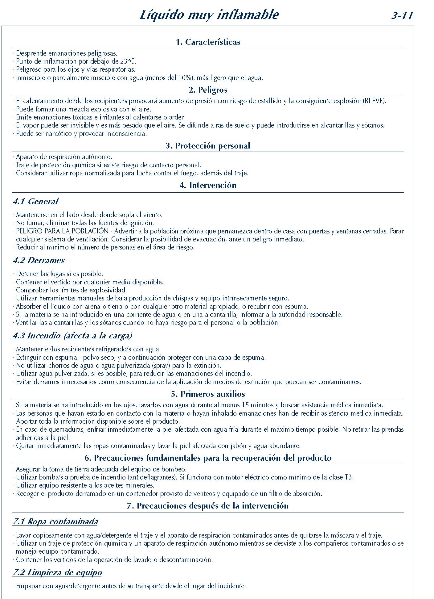 156 FICHA 3-11 LIQUIDO MUY INFLAMABLE FICHAS EMERGENCIA